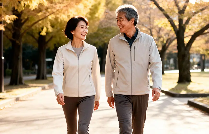 Healthy elderly Japanese couple walking together